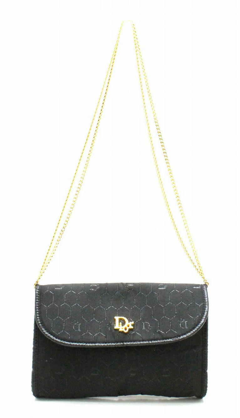 Christian Dior Chain Bag Handbag Shoulder Party Satin Canvas Black Gold